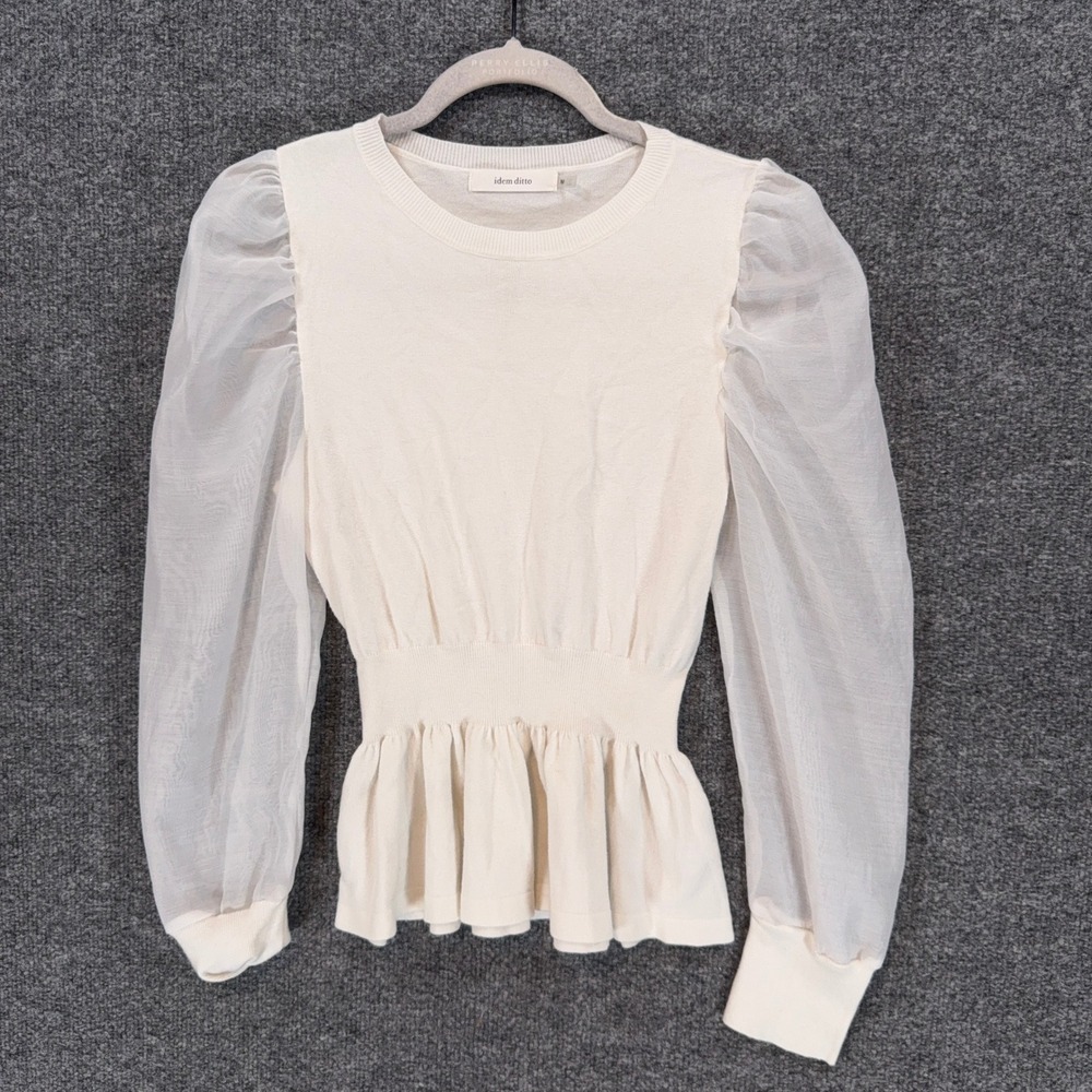 Idem Ditto Shirt Women Medium Cream Sheer Puff Sleeve Knit Peplum Romantic
